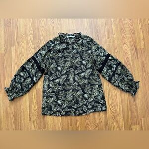 Zara women’s small blouse, leaf print, balloon sleeve, black green
